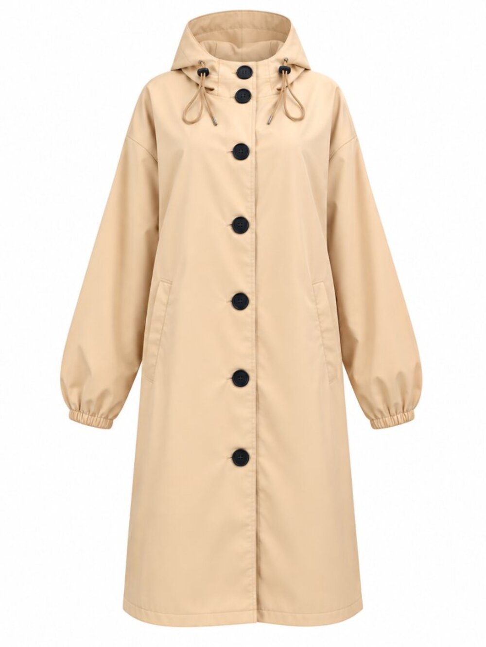 Beige Hooded Longline Coat Button Front New XL